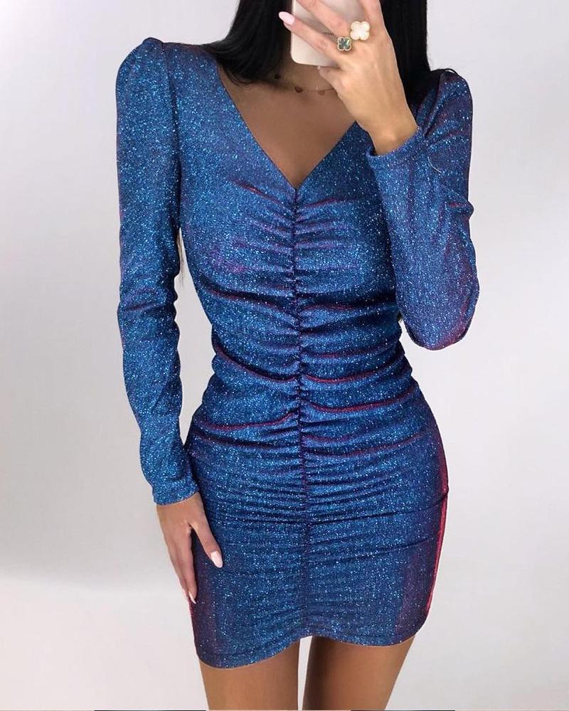 

Glitter Long Sleeve V-Neck Ruched Bodycon Dress, Blue