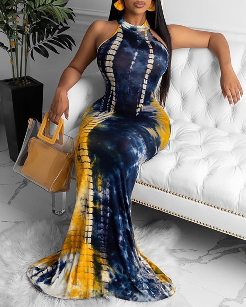 

Tie Dye Print Cutout Back Mermaid Maxi Dress, Dark blue
