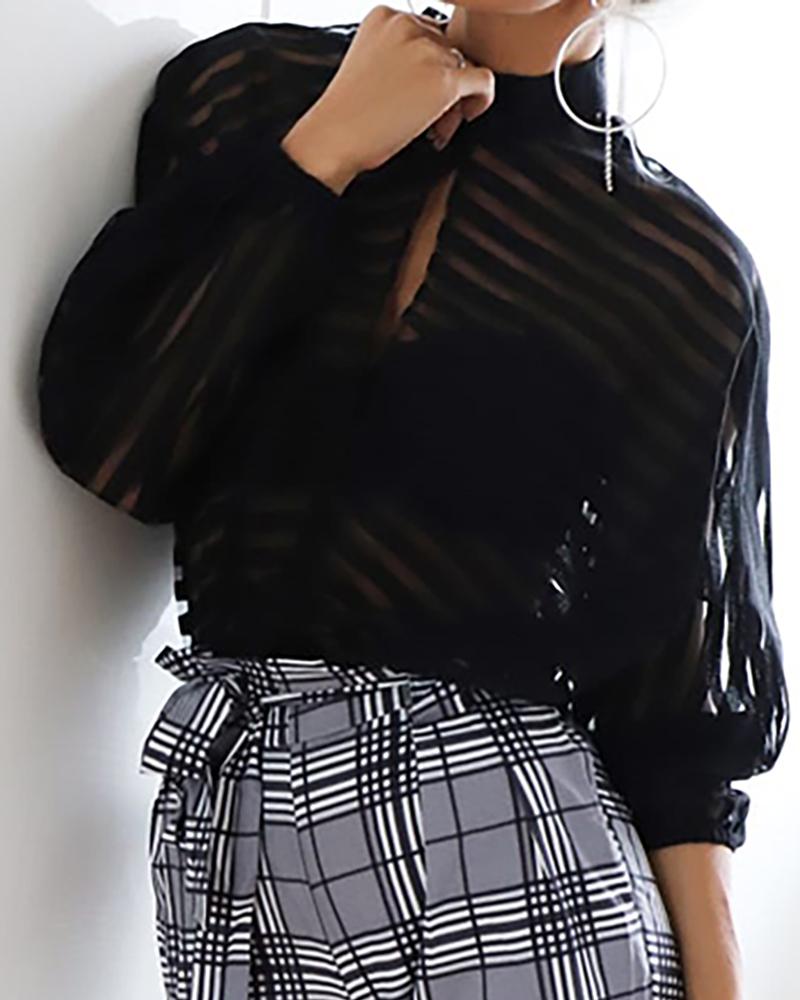 

Stripes Keyhole Front Mesh Blouse, Black