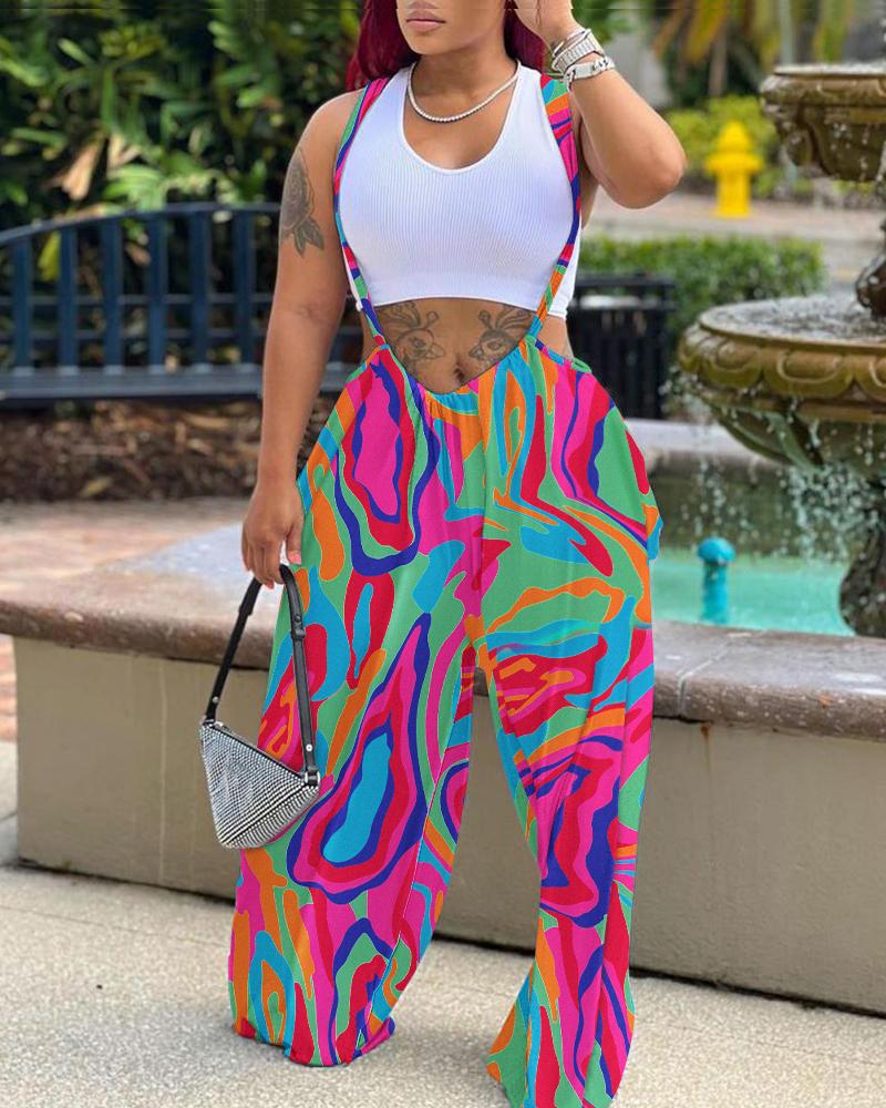 

Abstract Print Wide Leg Suspender Jumpsuit, Multicolor