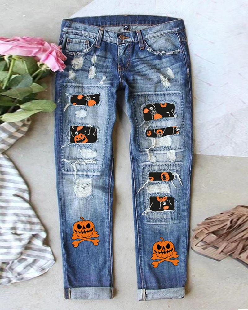 

Halloween Graphic Print Ripped Straight Leg Jeans, Blue