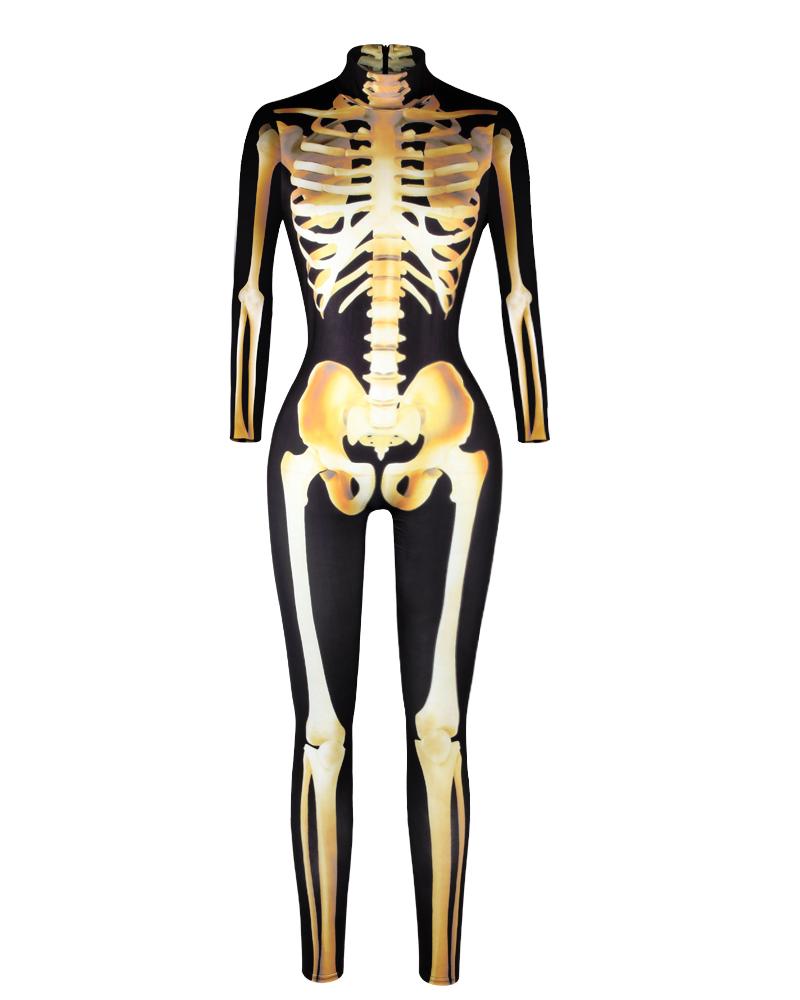 

Skull Skeleton Print Zip Back Halloween Costume Jumpsuit, Style2