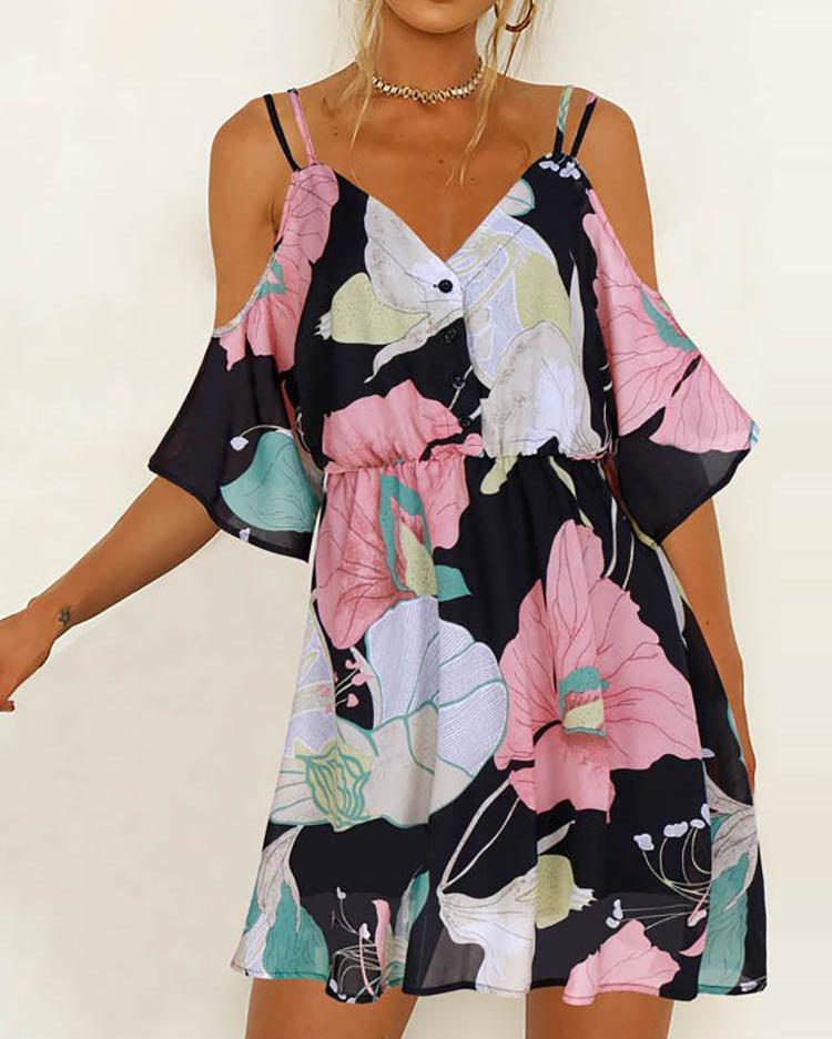 

Floral Print Cold Shoulder Mini Dress, Black
