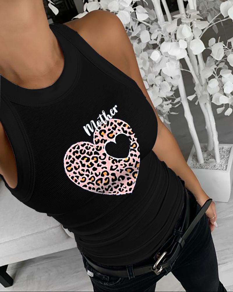 

Mother' Day Leopard Letter Heart Print Tank Top, Black