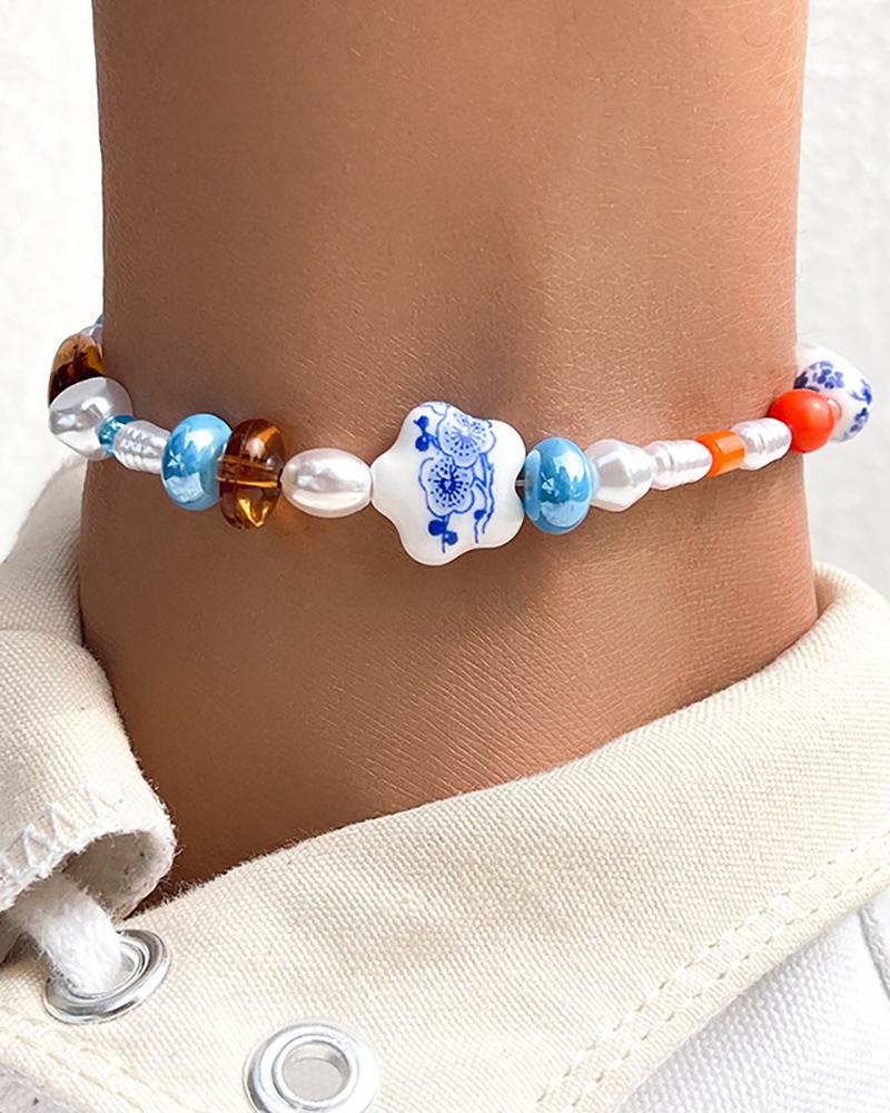 

Clan Floral Shaped Colorful Beaded Anklet, White