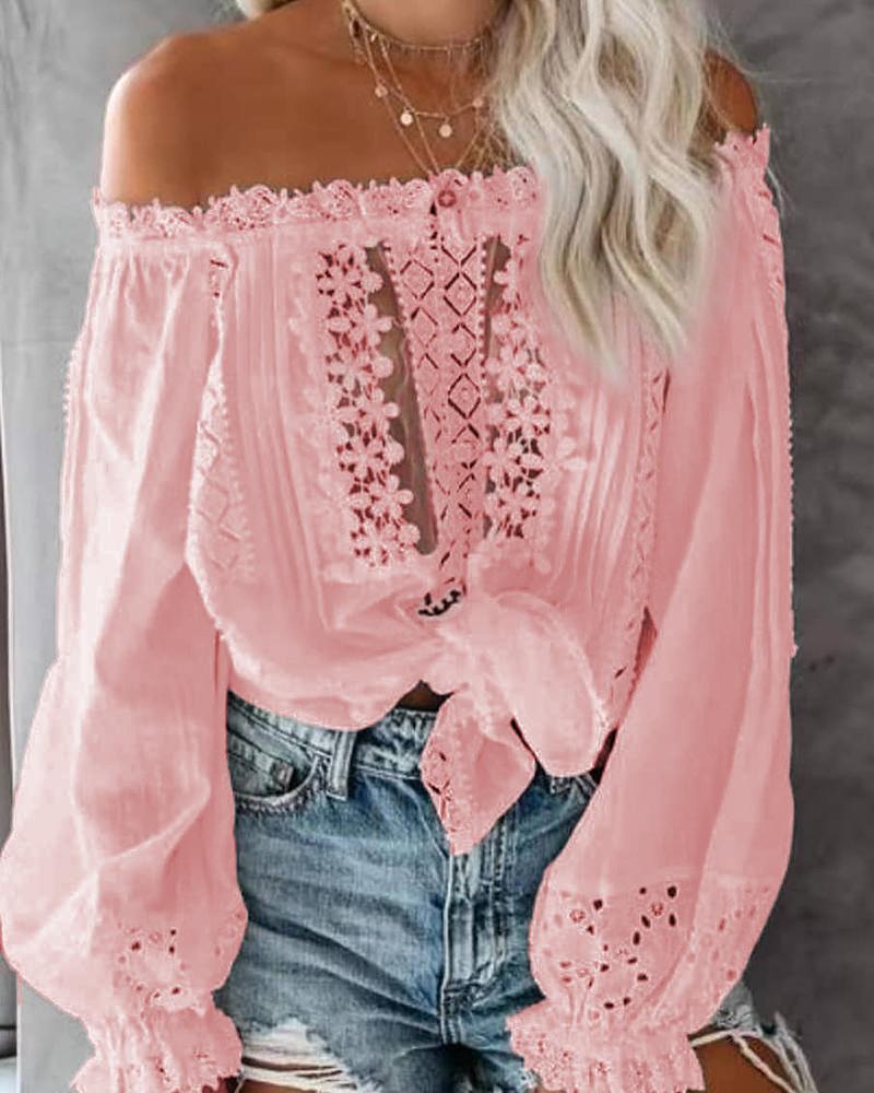 

Off Shoulder Plain Lace Contrast Blouse Women' White Lace Blouse, Pink