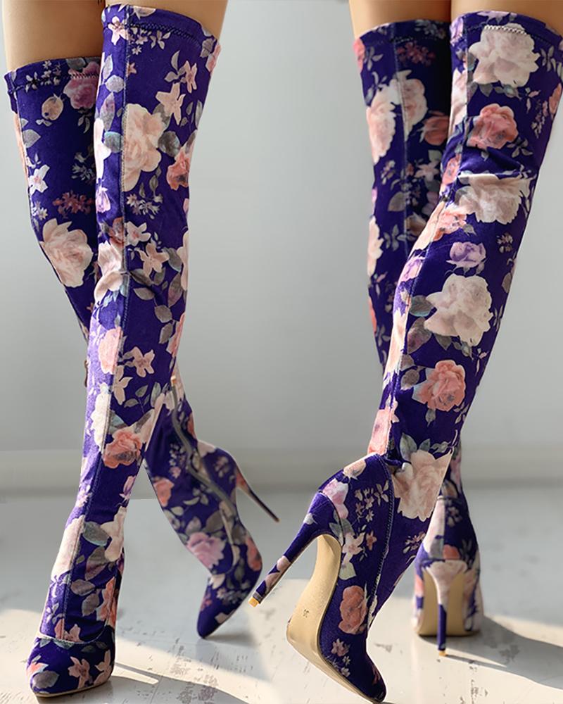 Floral Print Thin Heeled Thigh High Boots