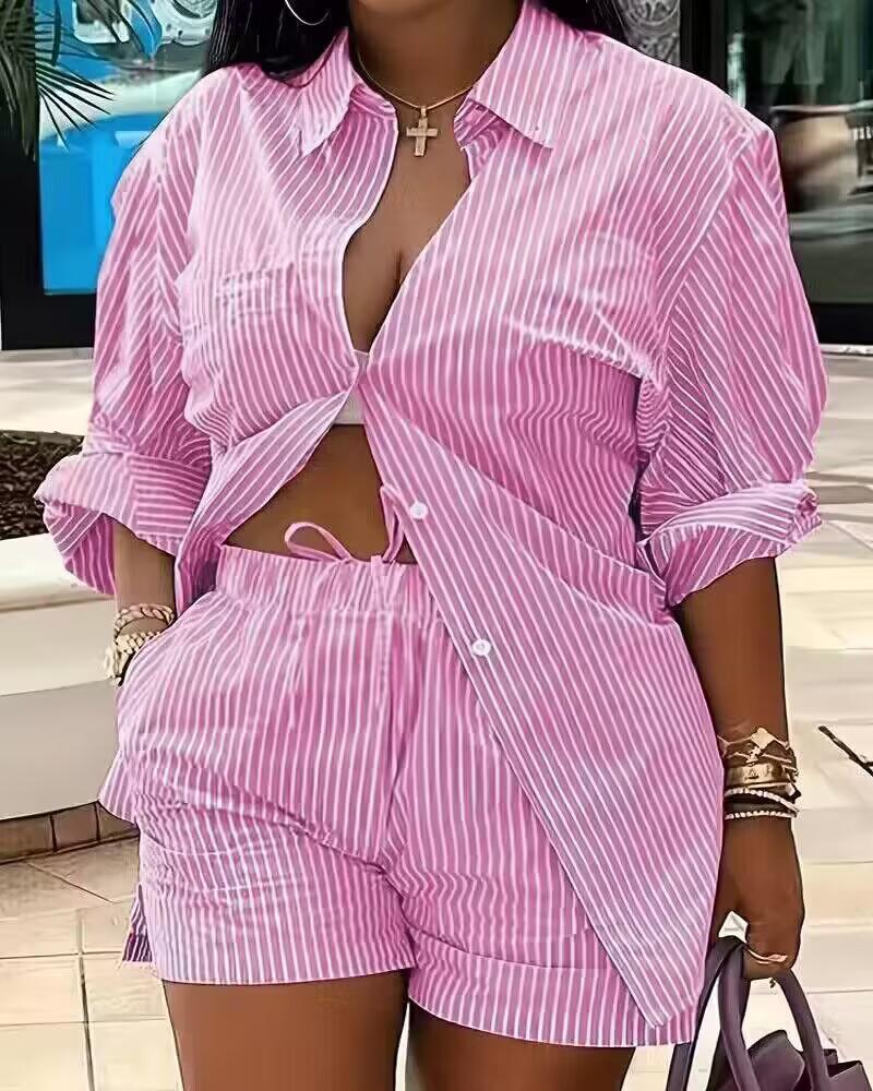 

Plus Size Striped Button Design Shirt & Shorts Set, Pink