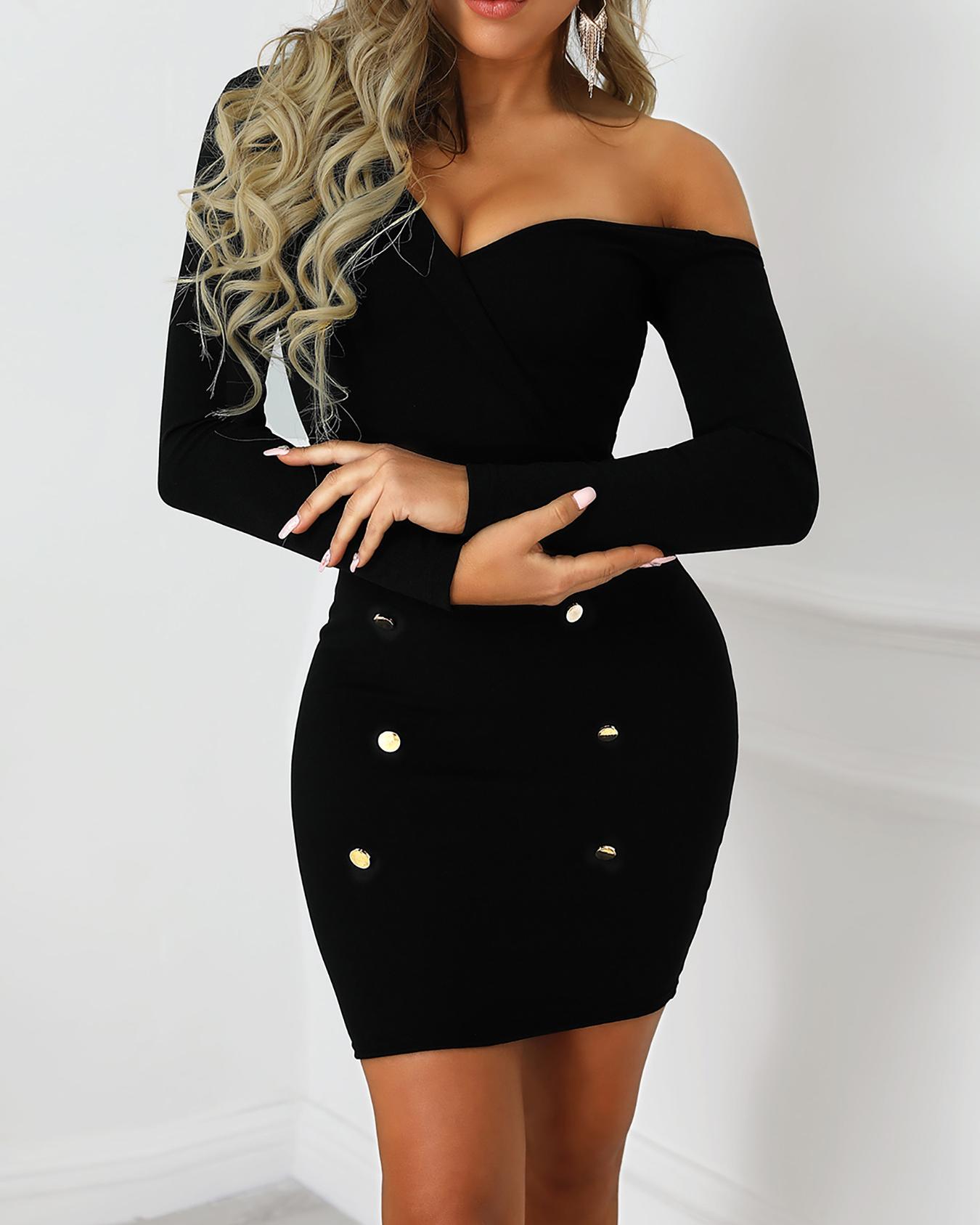 

Double Breasted Skew Neck Bodycon Dress, Black
