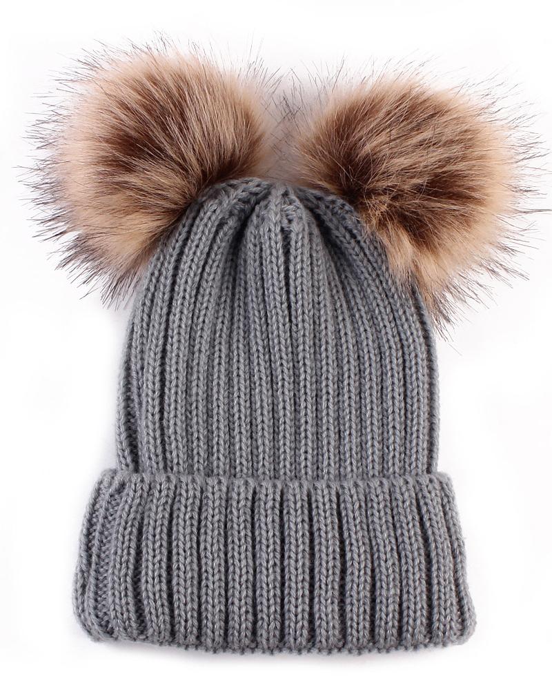 

Knit Double Pom Pom Decor Cuffed Beanie For Adult, Gray