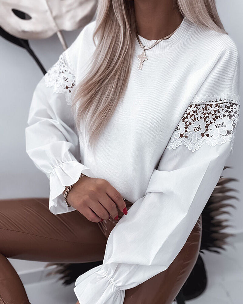 

Guipure Lace Patch Long Sleeve Top, White