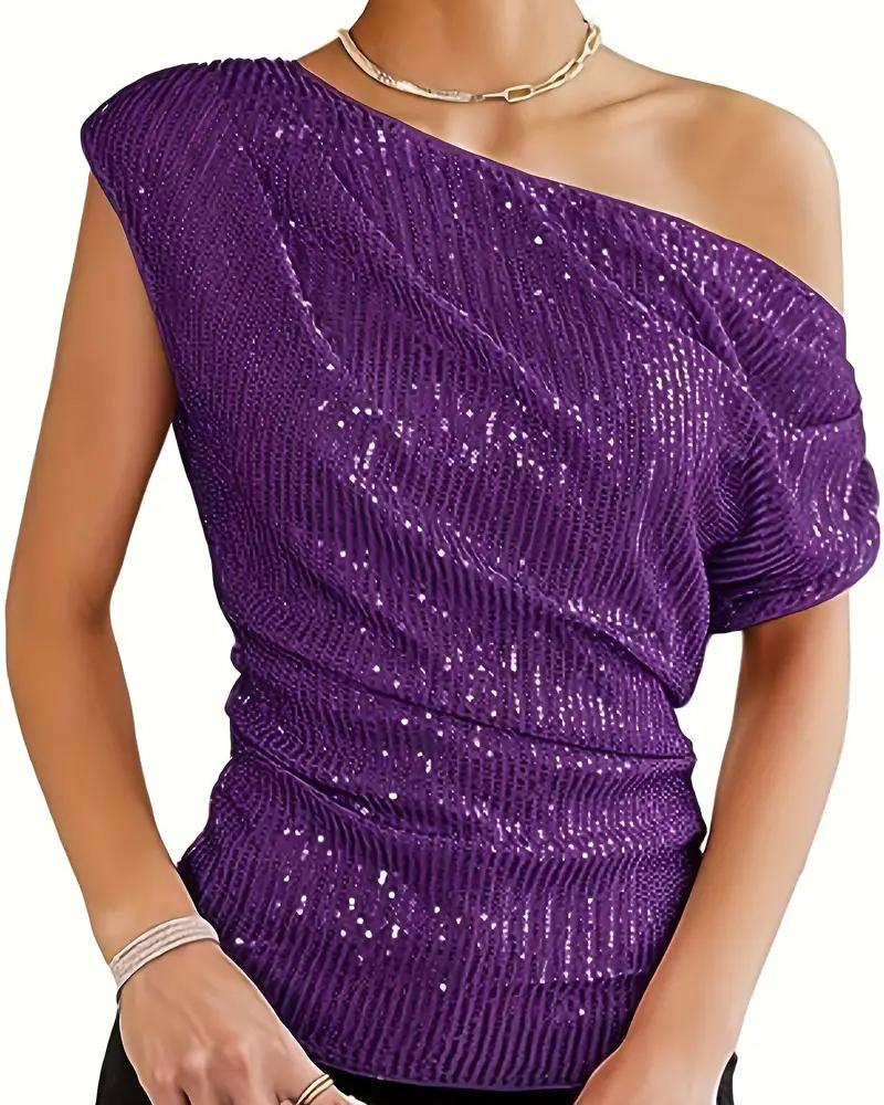 

Allover Sequin Ruched Short Sleeve Top, Purple