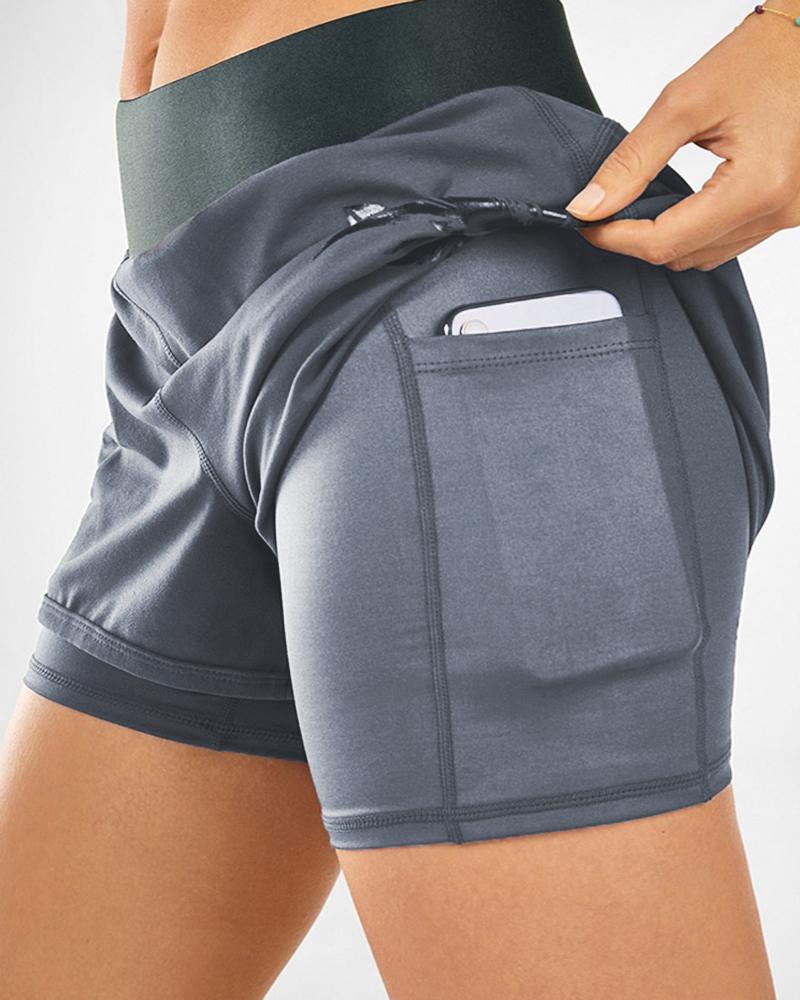 

Double Layered High Waist Yoga Shorts With Pocket Workout Gym Shorts, Gray