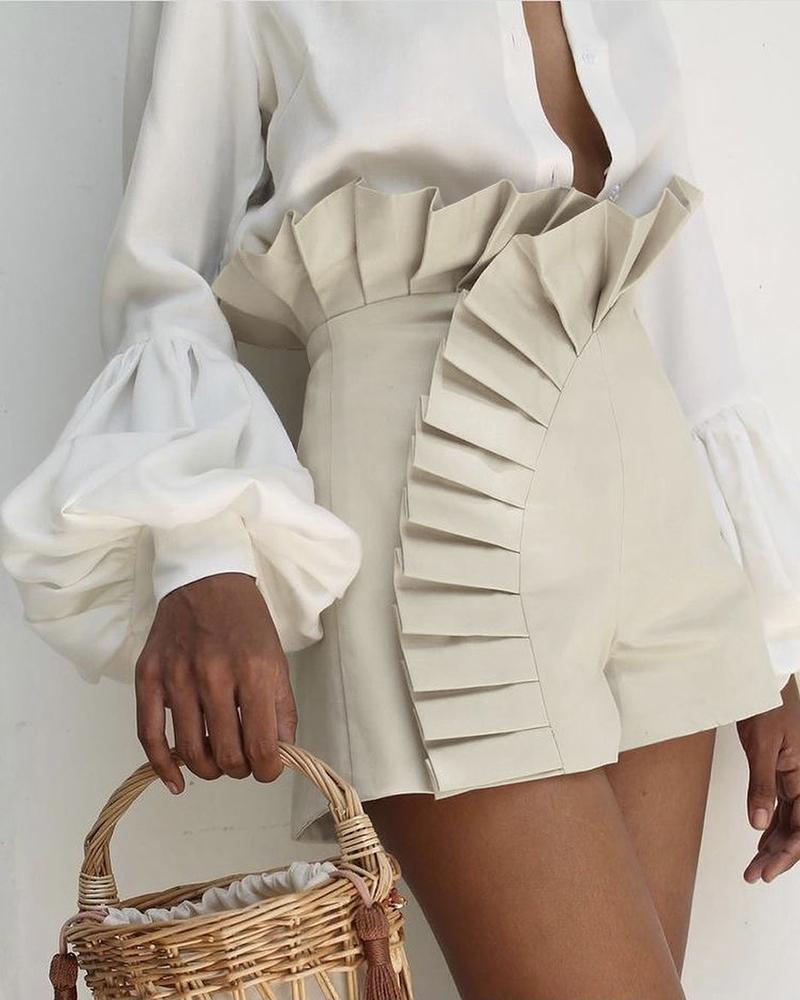 

Ruffle Hem Ruched High Waist Shorts, Beige