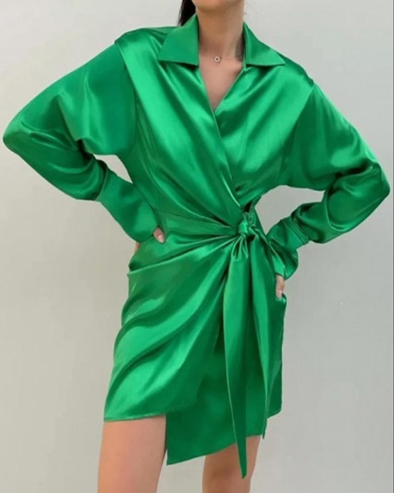 

Asymmetrical Long Sleeve Tied Detail Shirt Dress, Green