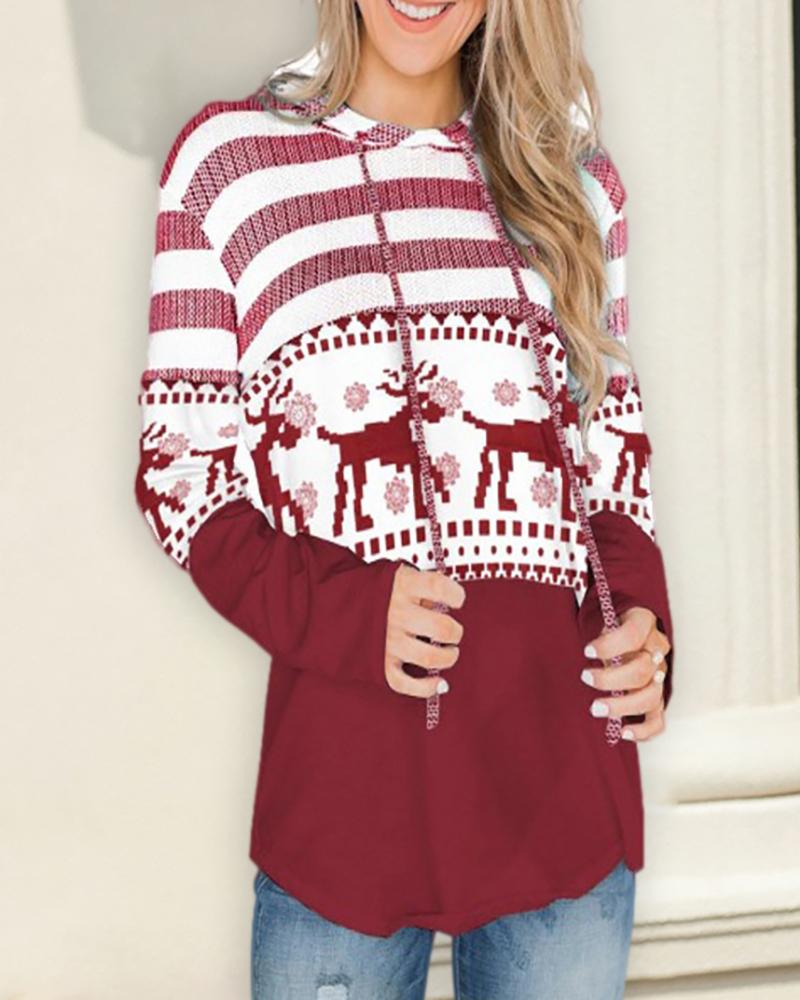 

Christmas Striped Moose Snowflake Print Hooded Sweatshirt, Red