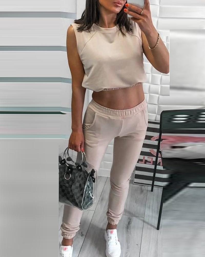

Plain Crop Top & Long Pants Casual Sets, Khaki