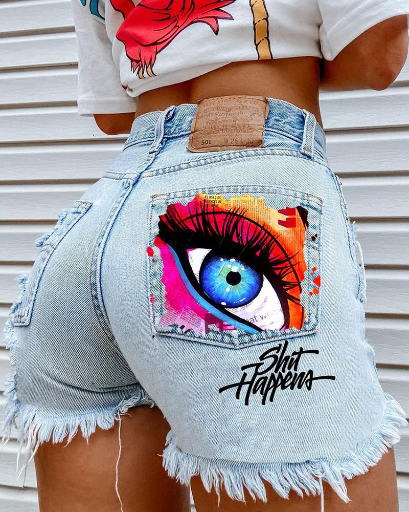 

Solid Color Patchwork Eye Print Denim Short Pants, Blue