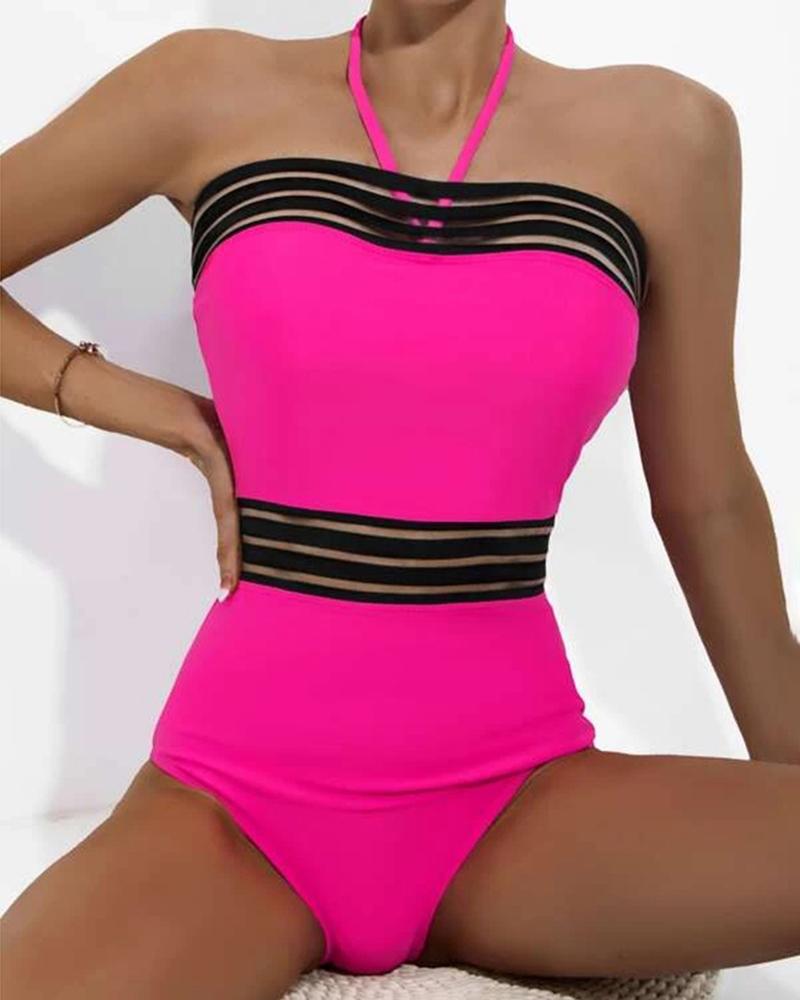 

Halter Striped Print Sheer Mesh Patch One Piece Swimsuit, Pink