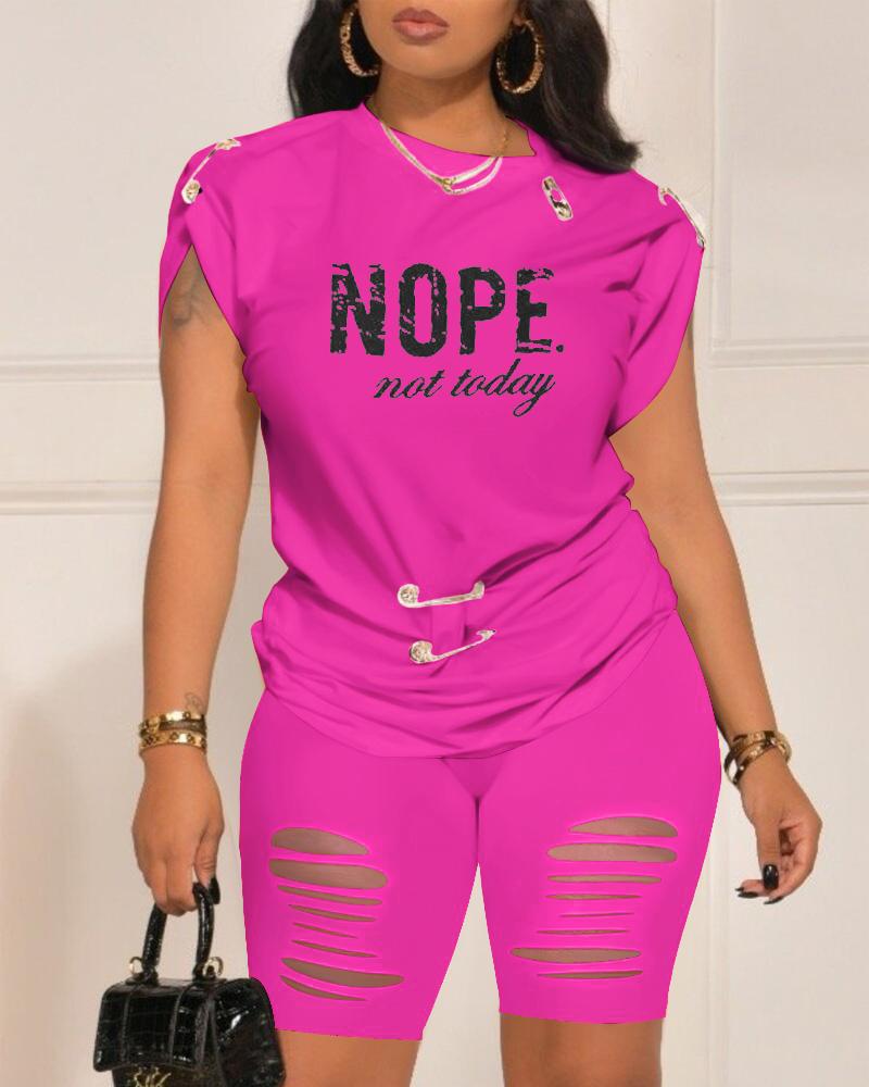 

Nope Not Today Print Casual Top & Shorts Set, Rose red