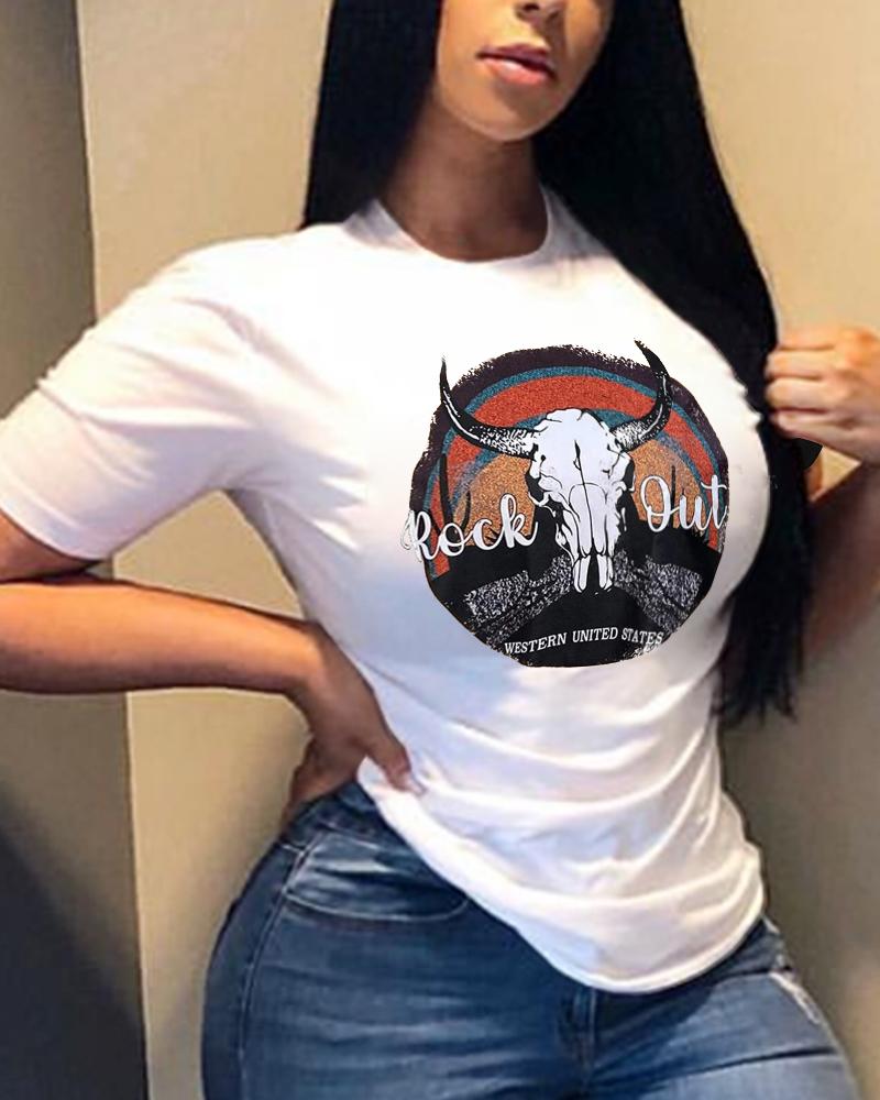 

Rock Out Steer Skull Print T-shirt Western Country Music Graphic Tee, White