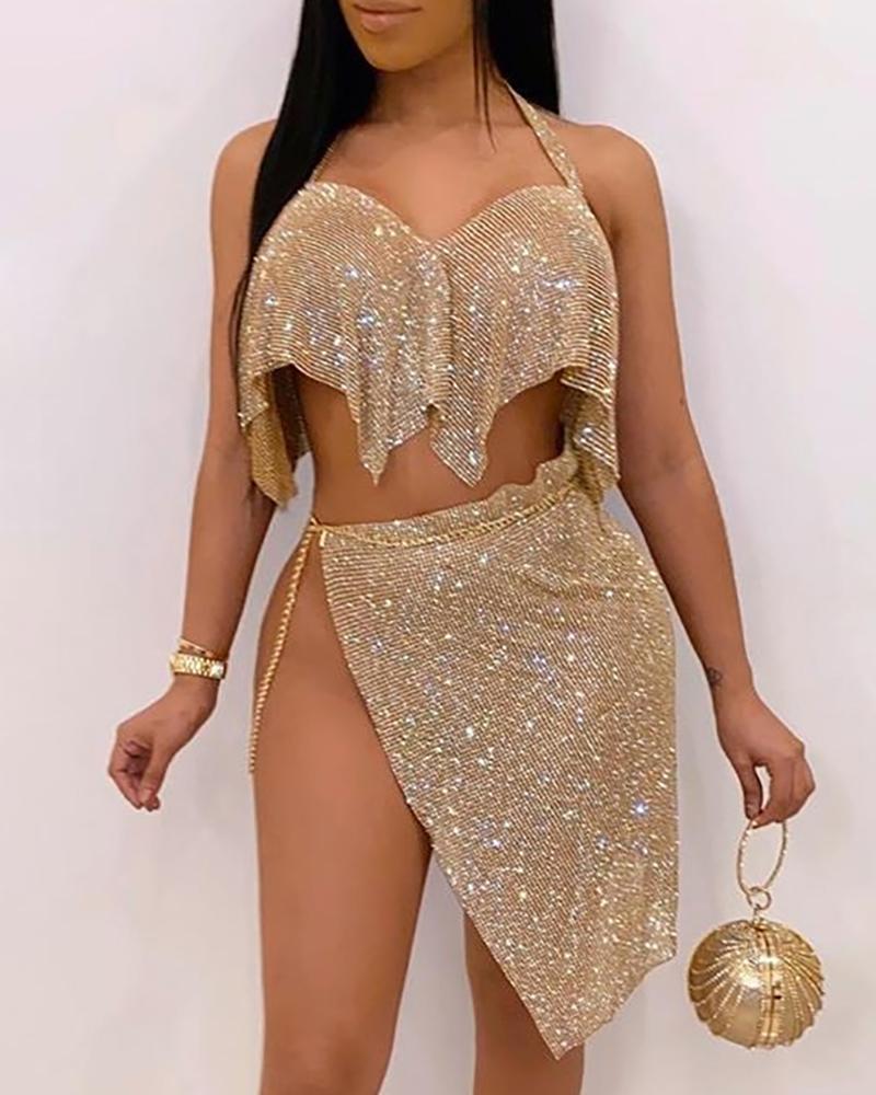 

Halter Backless Sequin Top & Slit Skirt Sets, Gold