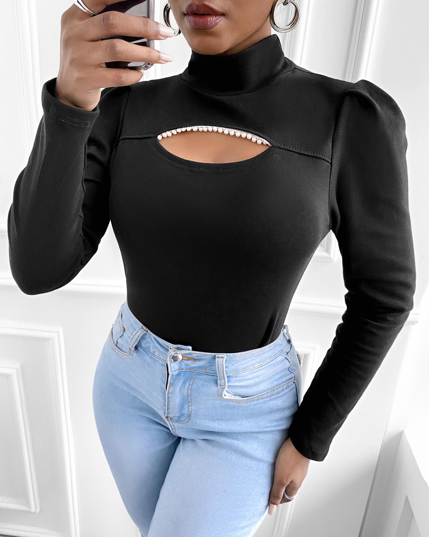

Cutout Front Beaded Top, Black
