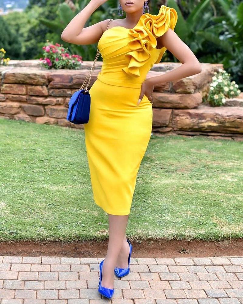 

Ruffle Hem One Shoulder Party Dress, Yellow