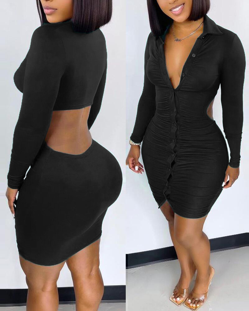 

Cutout Back Ruched Button Down Shirt Dress, Black