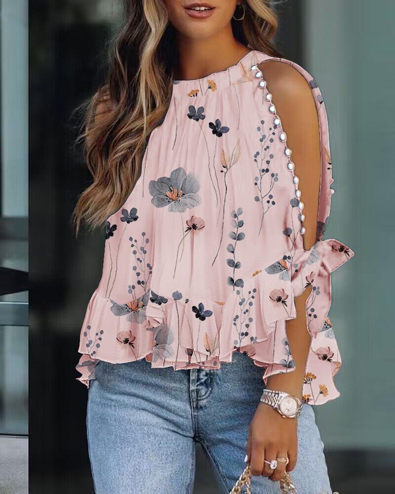 

Top de manga dividida con dobladillo con volantes y estampado floral, Pink