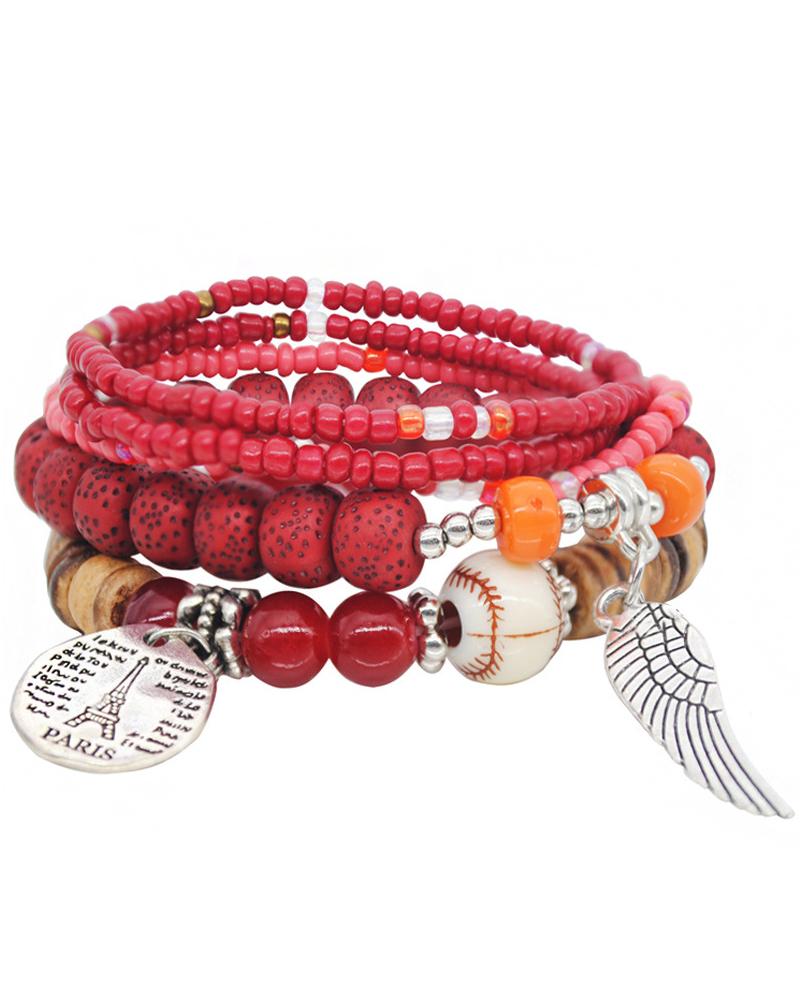 

1pcs Bohemian Stackable Beaded Wings Pattern Bracelet, Red