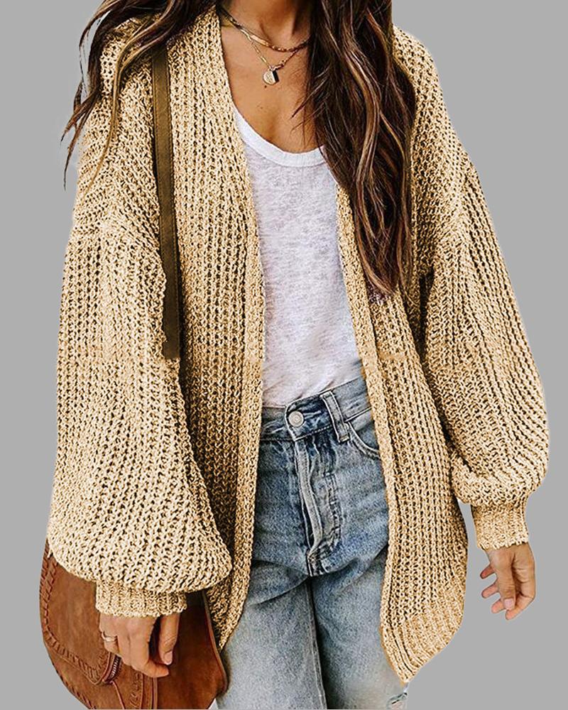 

Lantern Sleeve Open Front Chunky Knit Cardigan, Khaki