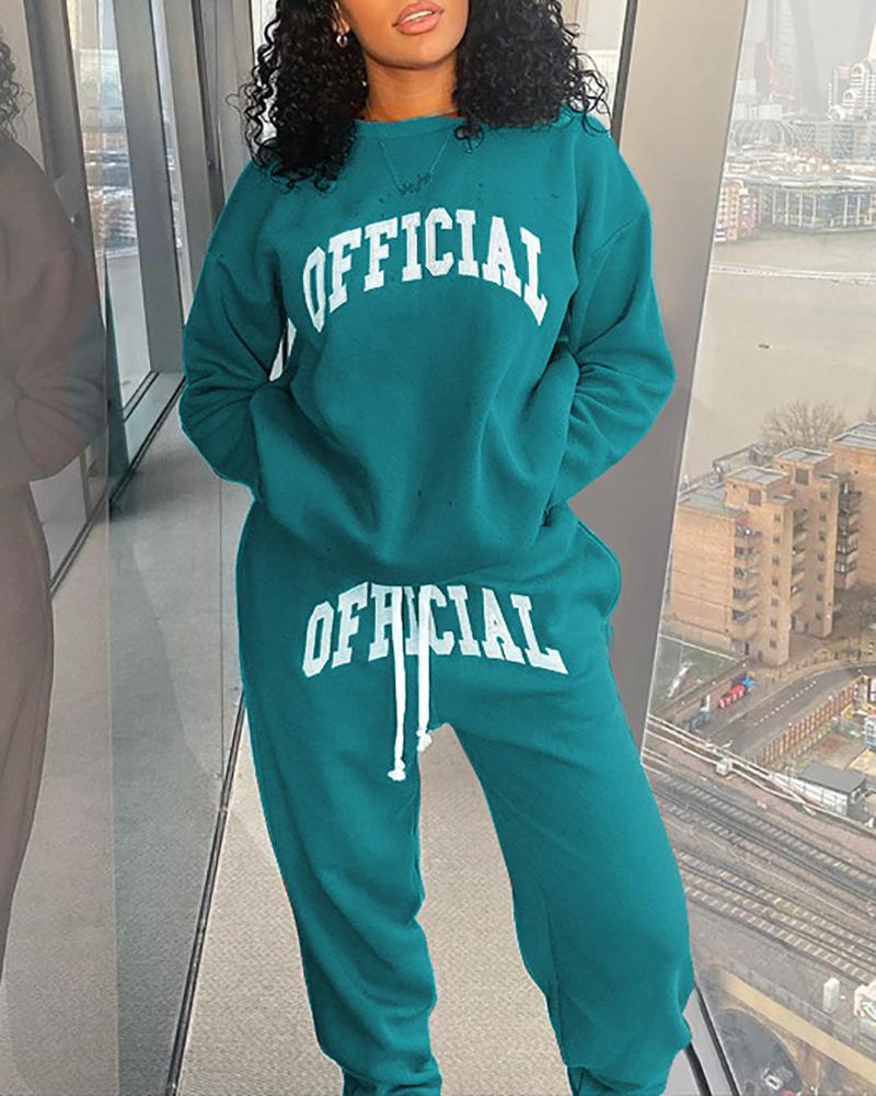 

Letter Print Sweatshirt & Drawstring Pocket Design Pants Set, Blue