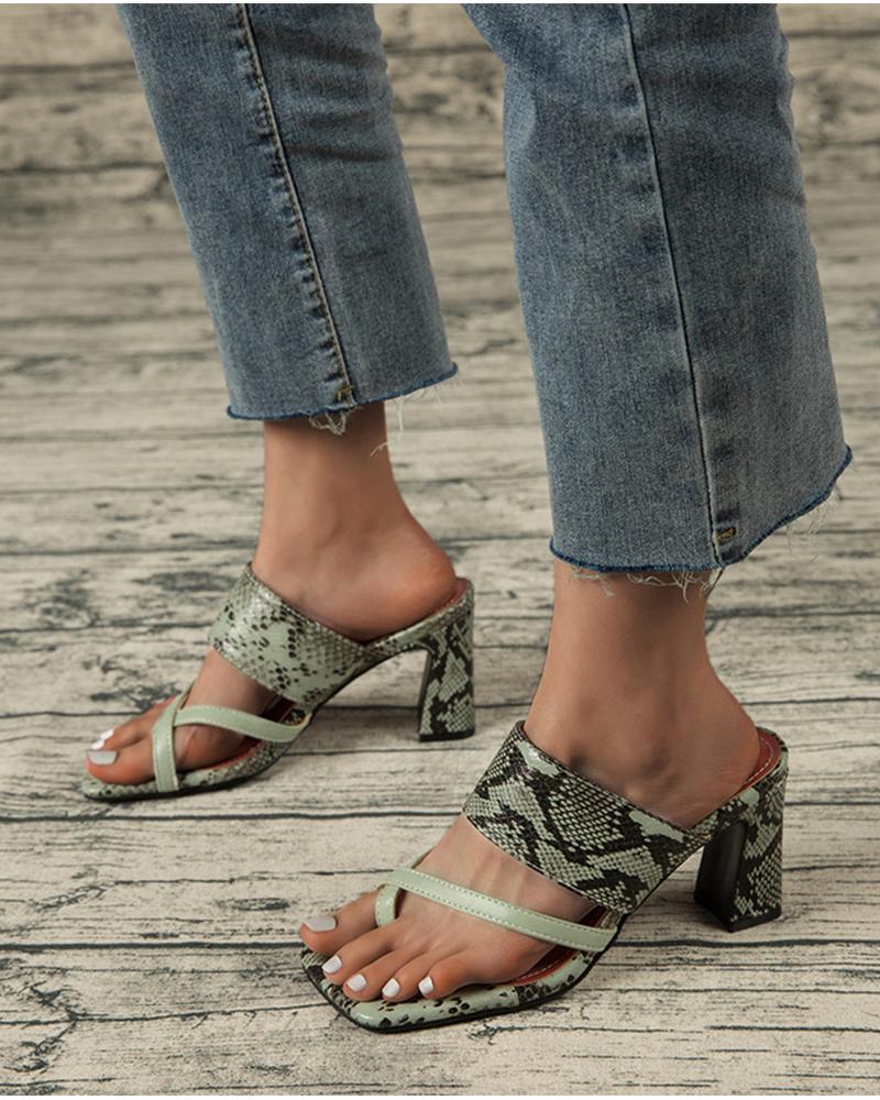 

Square-toe Snakeskin Print Cross Strap Toe Post High Heels, Green