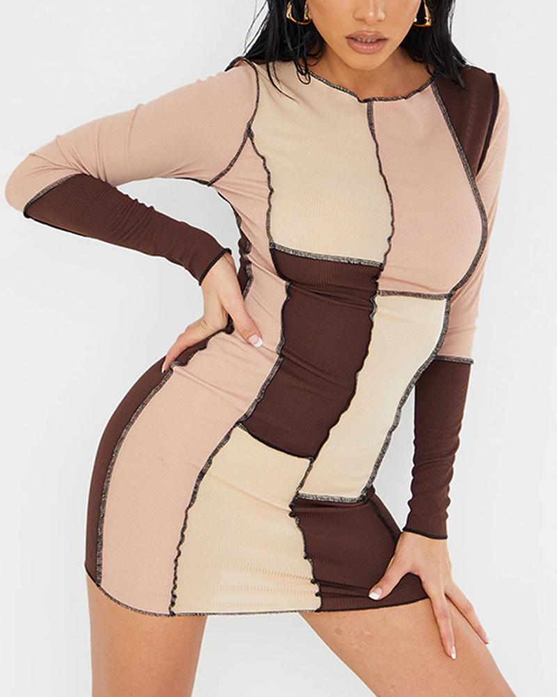 

Color Block Long Sleeve Bodycon Dress, Brown