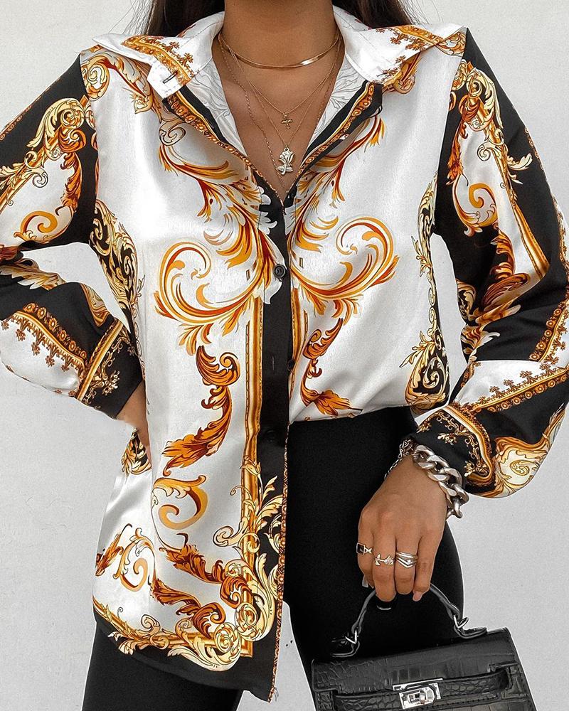 

Baroque Print Long Sleeve Buttoned Shirt, White