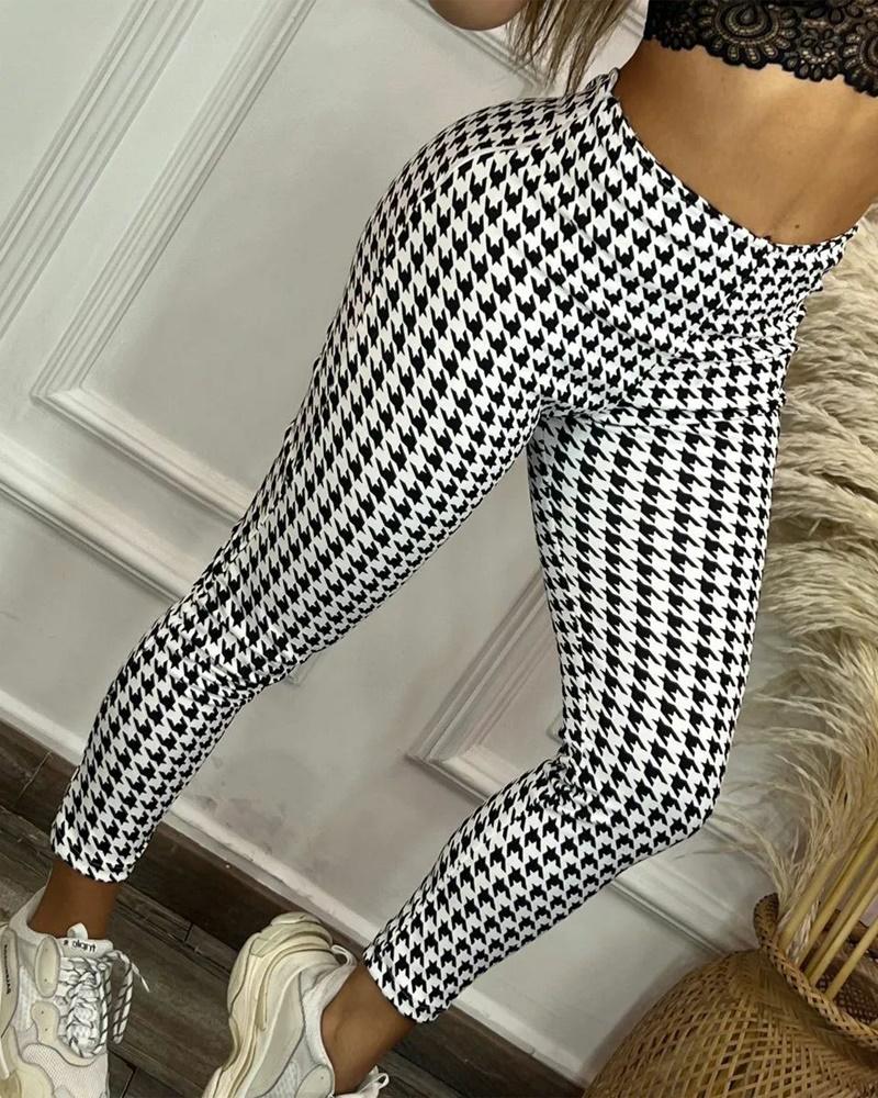 

Houndstooth Print High Waist Skinny Pants, White