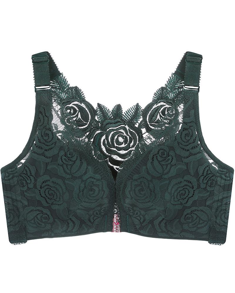 

Rose Pattern Crochet Lace Closure Wirefree Breathable Bra, Green