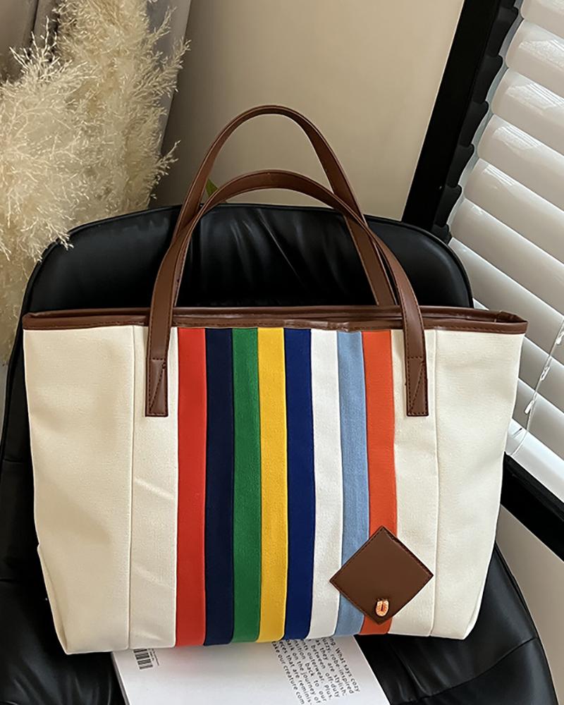 

Rainbow Stripe Print Canvas Tote Bag, White