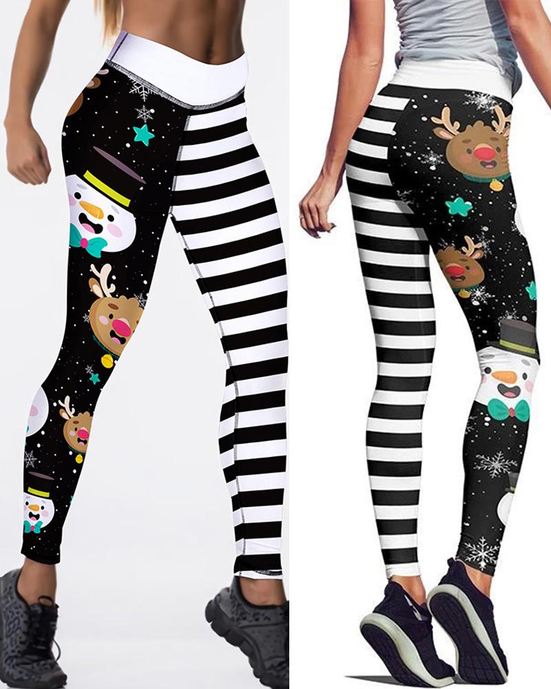 

Christmas Striped Snowman Elk Print High Waist Legging, Black