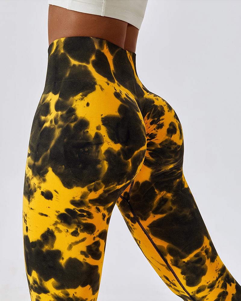 

Leggings de entrenamiento con pantalones de yoga con teñido anudado y cintura alta con levantamiento de glúteos sin costuras, Yellow