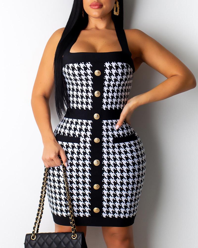 

Halter Houndstooth Buttoned Bodycon Dress, Black