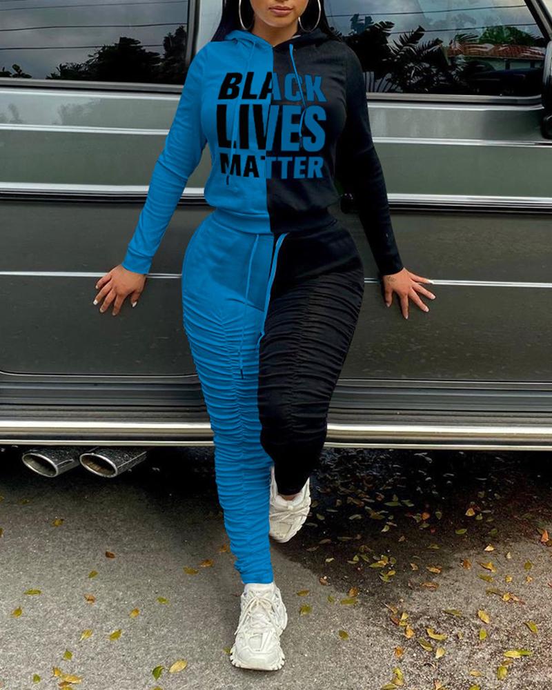 

Colorblock Letter Print Long Sleeve Hoodies Suit Sets, Blue