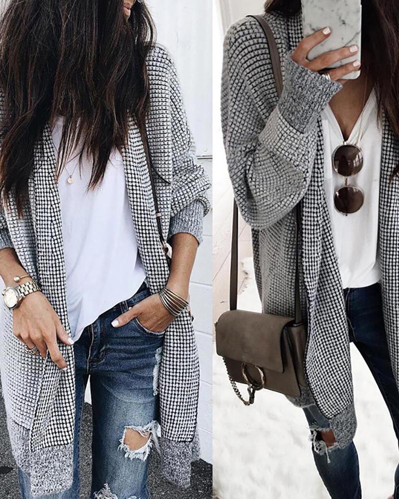 

Plaid Print Long Sleeve Longline Cardigan, Gray