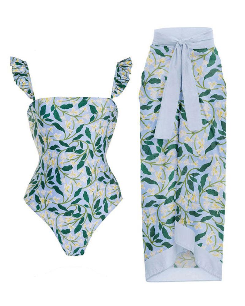 

Plants Print Ruffle Hem One-Piece Swimsuit With Cover Up, Green