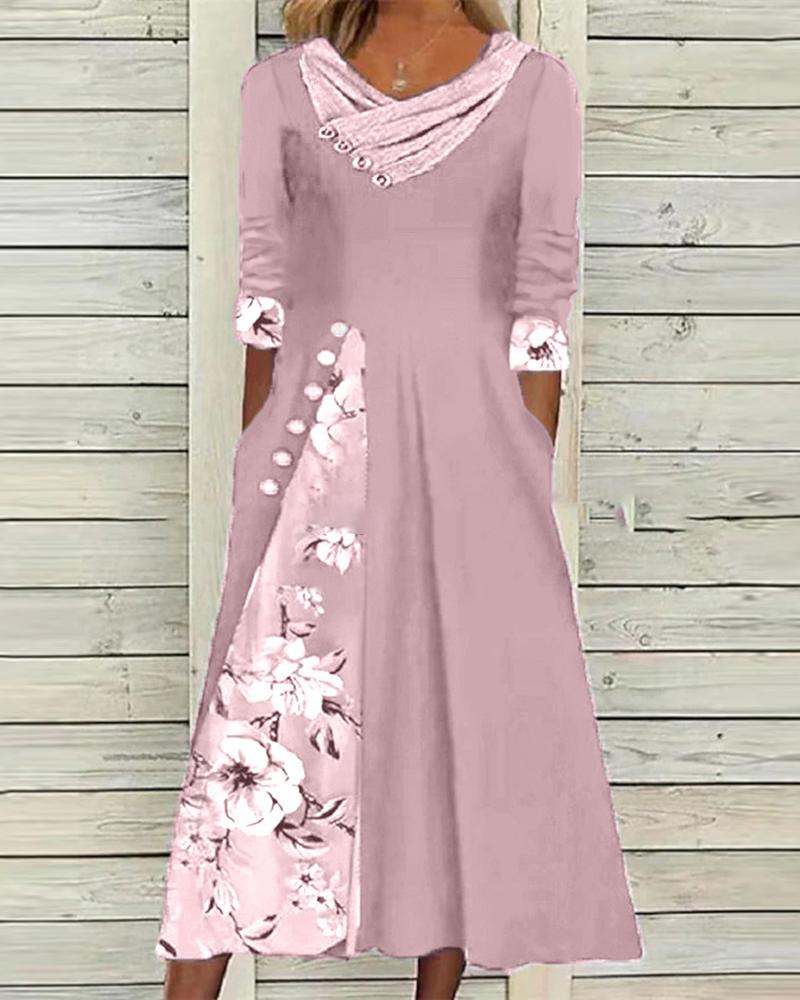 

Floral Print Patchwork Overlap Ruched Casual Dress, Pink