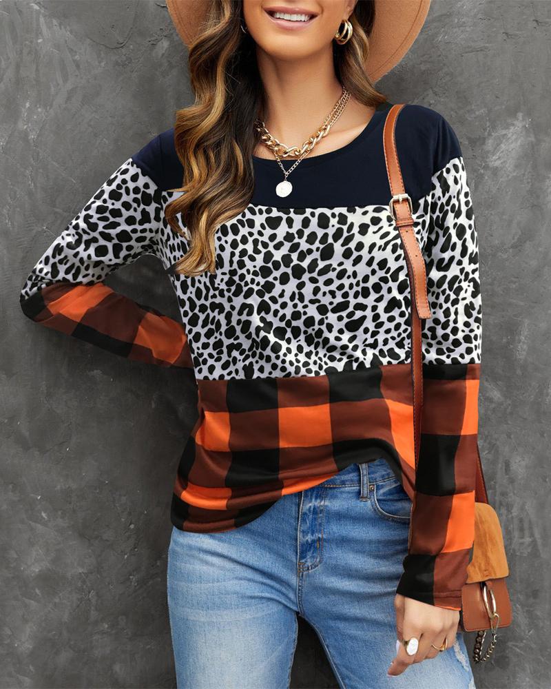 

Leopard Plaid Print Long Sleeve Top, Orange