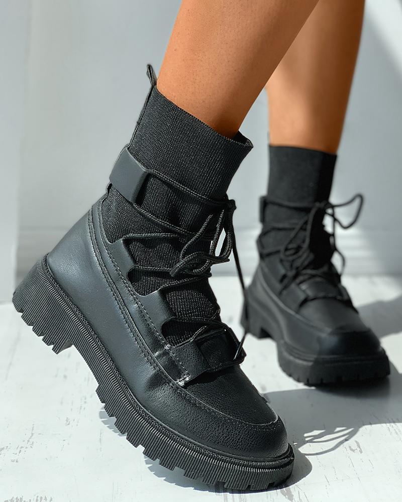 

Lace-up Front Knit Flatform Boots, Black