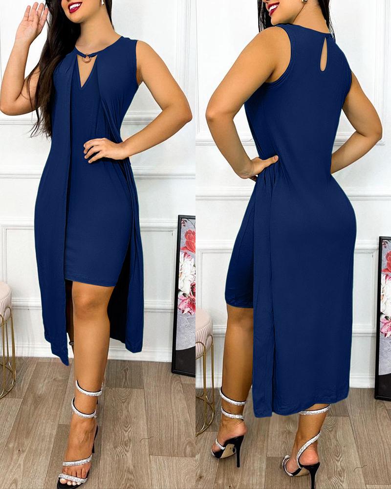 

O-Ring Decor Slit Asymmetrical Casual Dress, Purplish blue