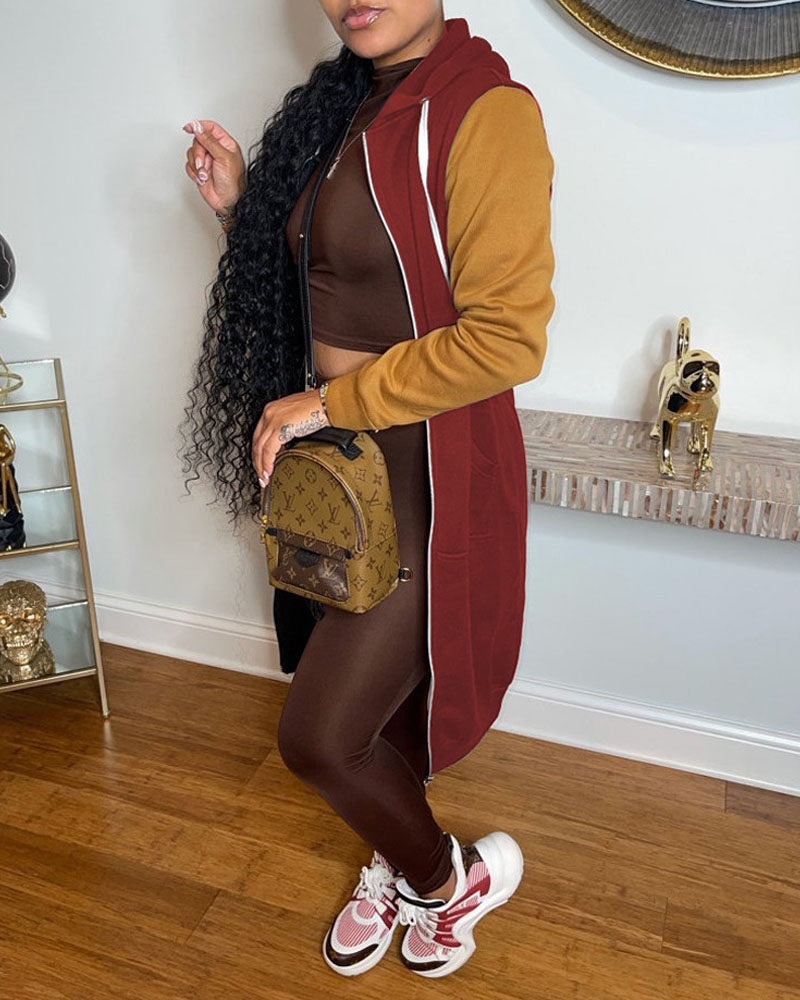 

Colorblock Drawstring Hooded Zip Up Longline Coat, Red